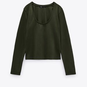 🤍 ZARA Basic Olive Green Stretch Long Sleeve Top